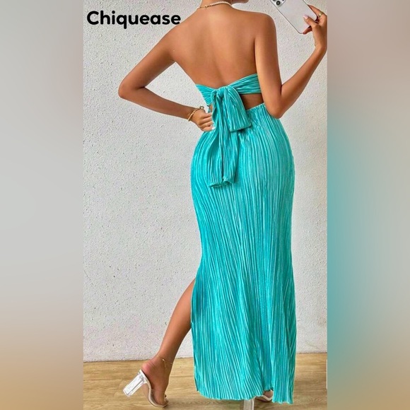 NWOT SHEIN Chiquease Strapless Turquoise Pleated Dress - Picture 2 of 13